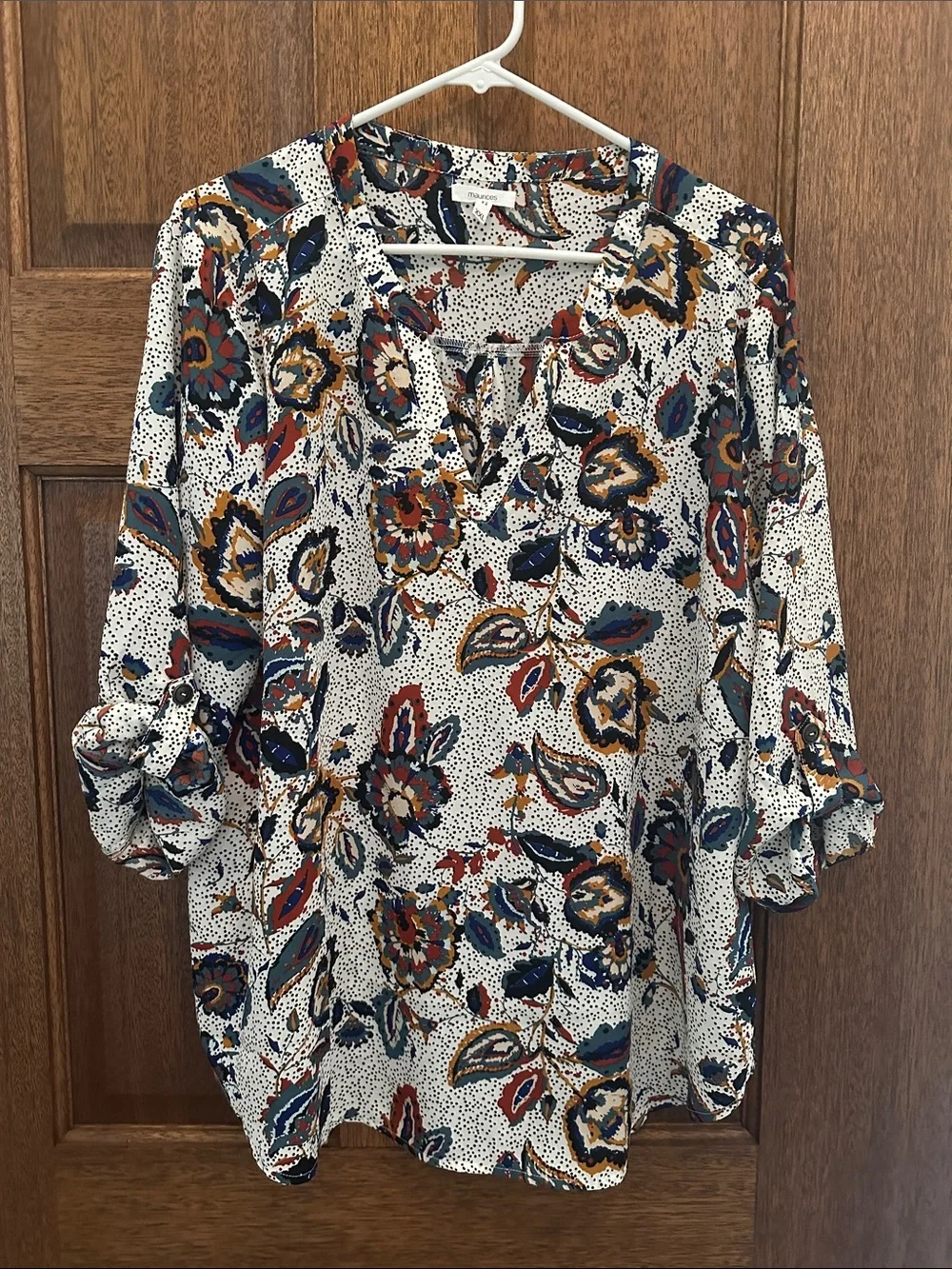 Maurice’s XXL Women's White Floral Blouse with Navy & Mustard Accents - Picture 1 of 6